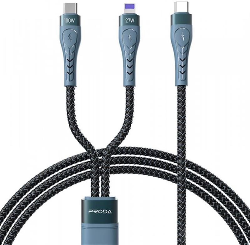 Кабель Proda PD-B73th USB Type C - USB Type-C + Lightning (M/M), 5 А, 1.3 м, Black (PD-B73th-BK), фото 1