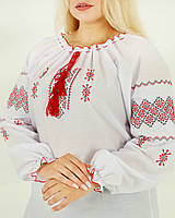 Вышиванка женская белая с красным орнаментом Марта, вышитая крестиком блузка с длинным рукавом