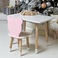 Білий прямокутний столик і стільчик дитячий рожевий ведмежа з білим сидінням. Білий дитячий столик