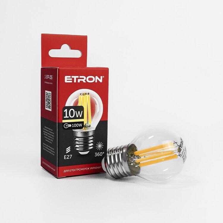 Світлодіодна філаментна лампа ETRON G45 10W E27 3000K тепле світло, прозора, енергозберігаюча