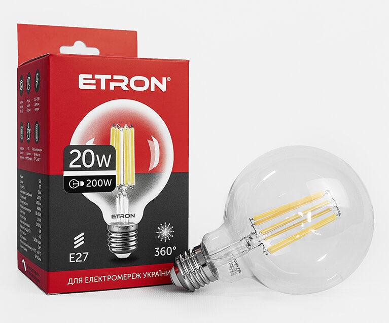Світлодіодна філаментна лампа ETRON G95 20W E27 4200K нейтральне світло, прозора, енергозберігаюча