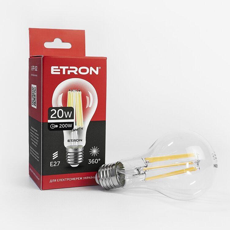 Світлодіодна філаментна лампа ETRON A65 20W E27 4200K нейтральне світло, прозора, енергозберігаюча
