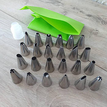 Мішок кондитерський силіконовий і 24 насадки + перехідник Зелений (KG-9559)