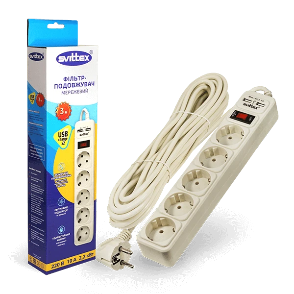 Мережевий фільтр-подовжувач "SVITTEX" 3.0 м 10А 220В.- 2*USB 5V 2.1 A.