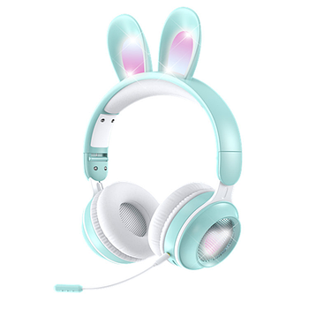 Дитячі бездротові навушники з вушками кролика, мікрофоном та підсвічуванням KE-01 М'ятні