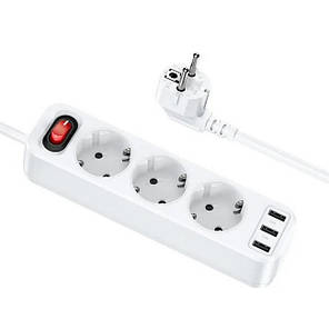 Подовжувач мережевий 1.8 метра 3 розетки + 3USB + QC HOCO NS2 3-position extension White N, фото 1