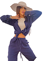 Женский костюм рубашка и штаны 42-46, темно-синий, ткань муслин, стильно и удобно