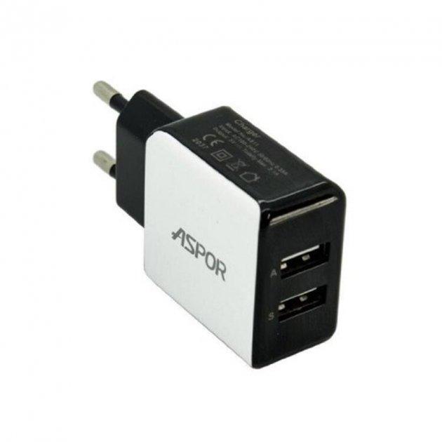 Мережевий зарядний пристрій Aspor A811 (ADC P15, 2USB/2.1A) + USB кабель Lightning- білий