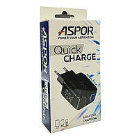 Мережевий зарядний пристрій Aspor F002С QC3.0/1USB + USB кабель Lightning- чорний