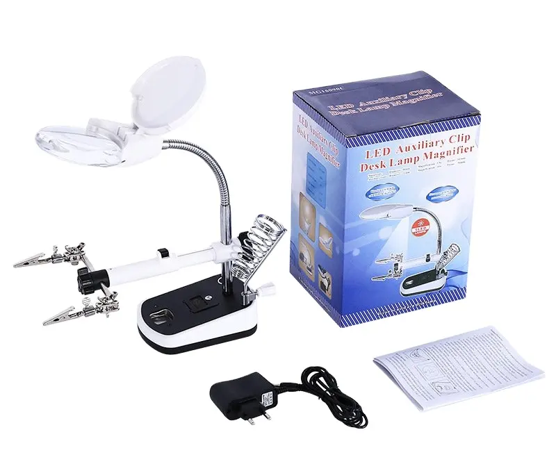 Третя рука для паяння MG16075C лупа 75 мм, 5x-11x, 2 тримачі (крокодили) плат із підставкою для паяльника