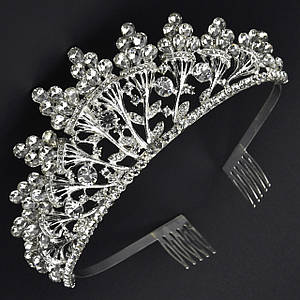 Корона діадема висота 6 см металева з гребінцями сріблястого кольору гілочки з кришталевими камінчиками