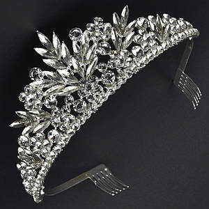 Корона діадема висота 6 см металева з гребінцями сріблястого кольору гілочки з білими кристалами