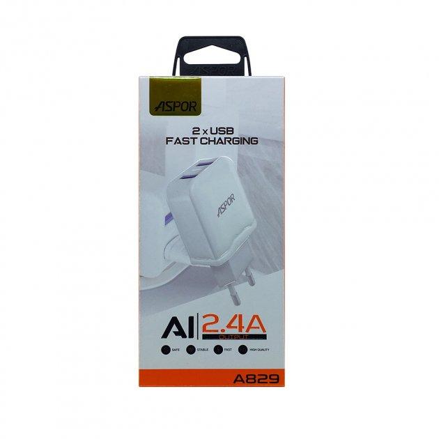 Мережевий зарядний пристрій Aspor A829 (2USB/2.4A) + USB кабель Type-C- білий