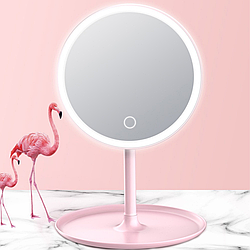 Дзеркало косметичне з LED підсвіткою, від USB, Рожеве / Кругле настільне дзеркало / Дзеркало для макіяжу