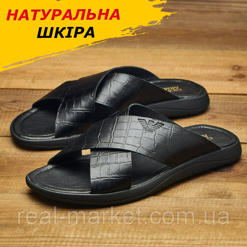 Літні чоловічі шкіряні шльопанці, чорні класичні тапочки з натуральної шкіри на літо взуття *С-21 ч\крк*