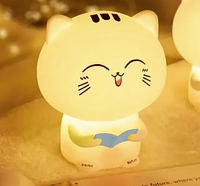 Детский силиконовый ночник светильник на аккумуляторе "Котик с голубой книгой " белый