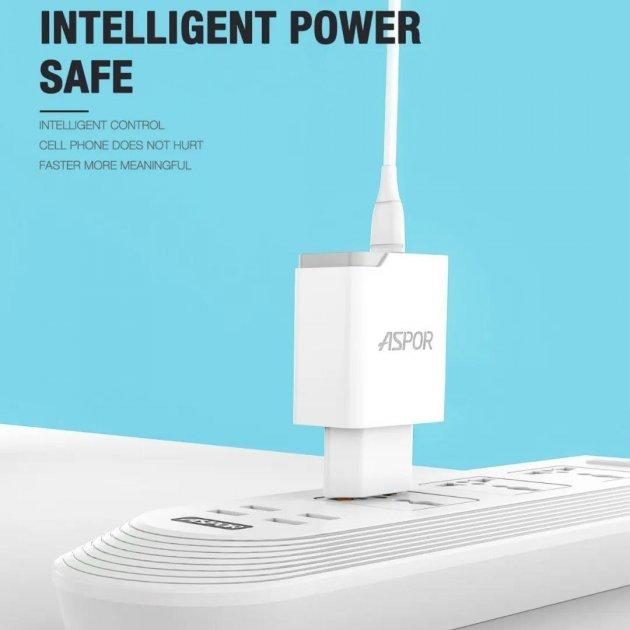 Мережевий зарядний пристрій Aspor A823 (2USB/2.4A) + USB кабель Lightning- білий