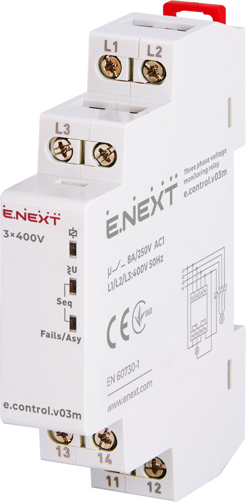Трифазне реле контролю напруги 8А нерегульоване [p0690020] e.control.v03m E.NEXT, фото 1