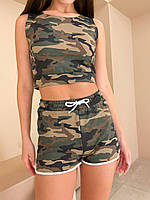 Модні жіночі літні шорти "Камуфляж" з турецького трикотажу (Розміри XS(42), S(44)), Зелені хакі