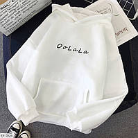 Женский худи с капюшоном и карманом с надписью "OoLaLa" (розовый, белый, чёрный) 42/44, Белый