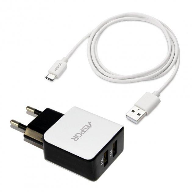 Мережевий зарядний пристрій Aspor A811 (ADC P15, 2USB/2.1A) + USB кабель Type-C- білий