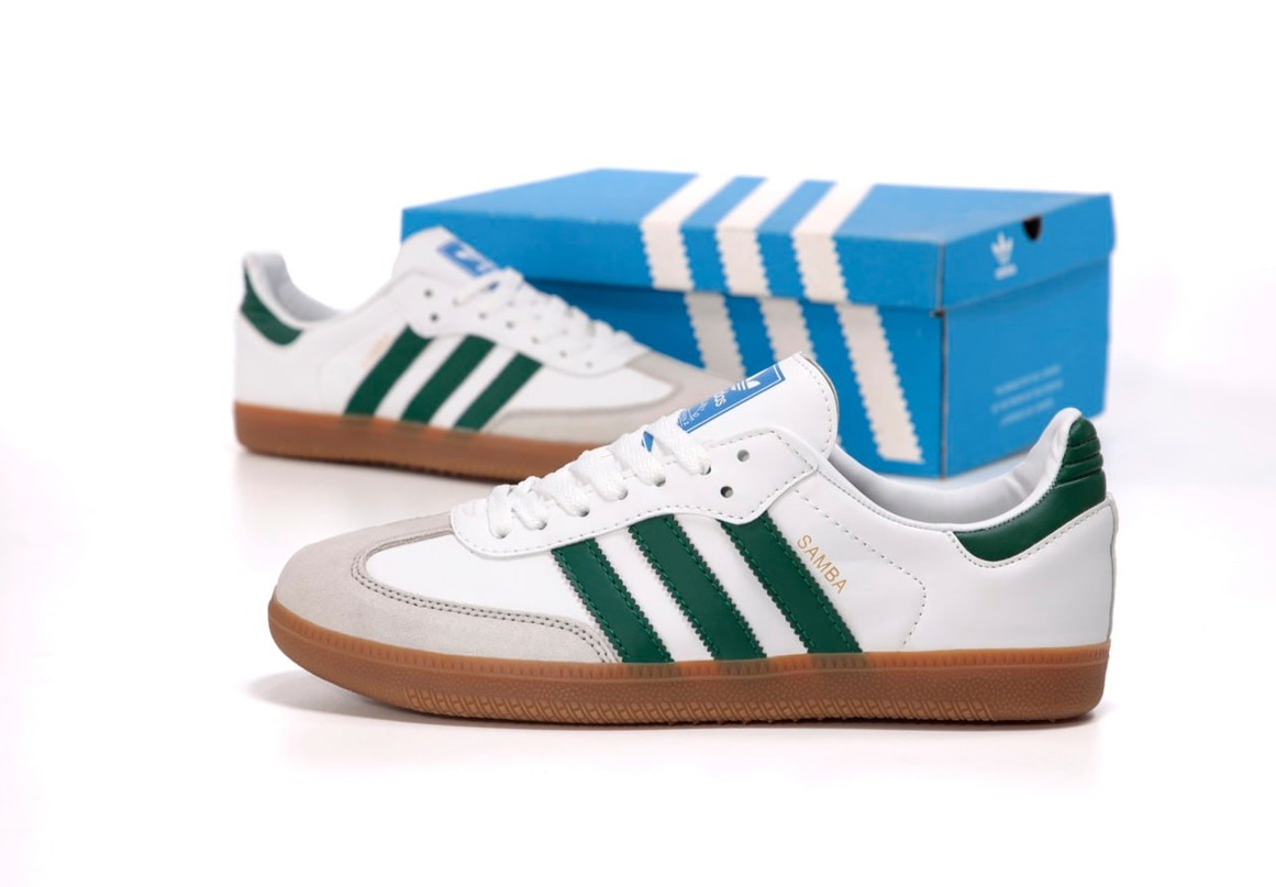 Чоловічі шкіряні кросівки Adidas Samba og Green White Black кеди Адідас Самба білі с зеленим спортивні весна осінь