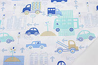 Ткань хлопковая "Машины в городе" мятно-голубые на белом фоне №1723