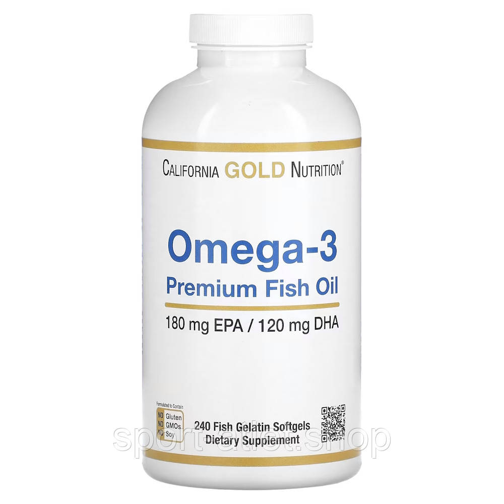 Жирні кислоти California Gold Nutrition Omega 3 Premium Fish Oil, 240 рибних капсул, фото 1