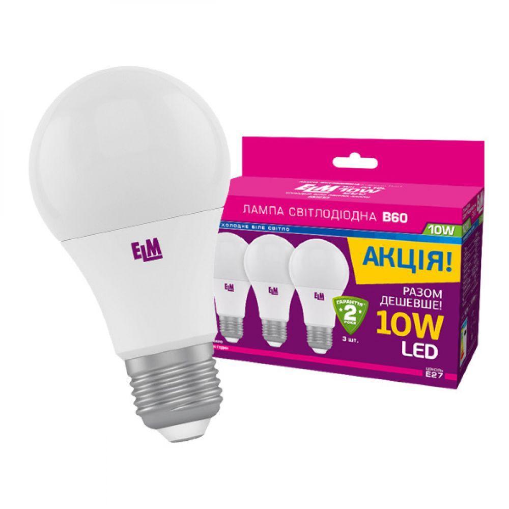 Світлодіодна лампа ELM B60 10 W PA10L E27 4000 3 шт. (18-0141) Білий