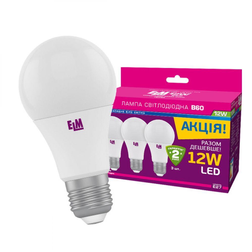 Світлодіодна лампа ELM B60 12 W PA10L E27 4000 3 шт. (18-0142) Білий