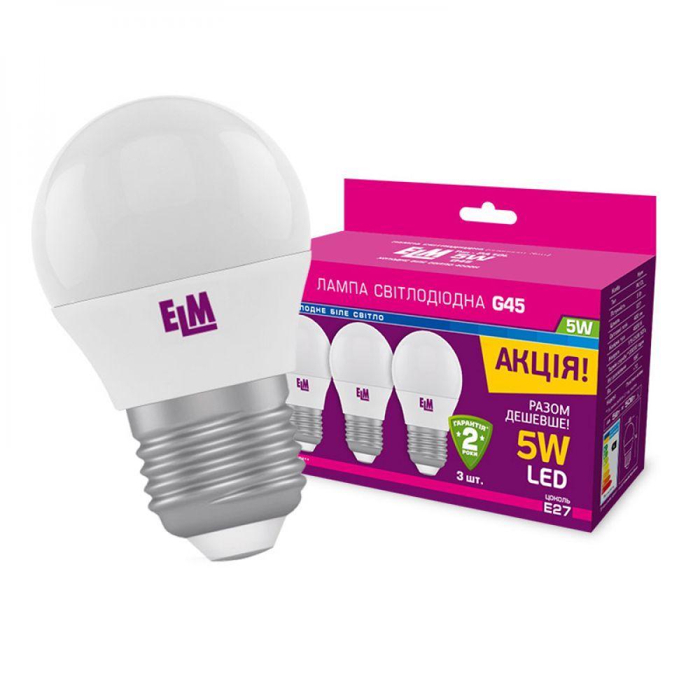 Світлодіодна лампа ELM D45 5 W PA10L E27 4000 3 шт (18-0100) Білий