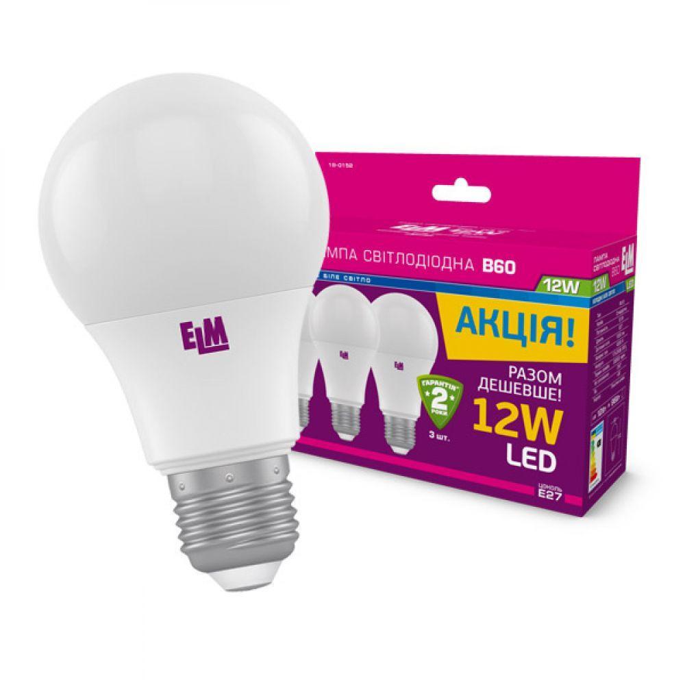 Світлодіодна лампа ELM B60 12 W PA10 E27 4000 3 шт. (18-0152) Білий