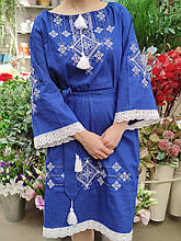 Жіноче плаття з вишивкою, льняне національне плаття (синє), 54-58 р-ри