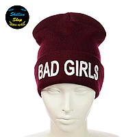 Молодежная шапка бини - BAD GIRLS - Бордовый