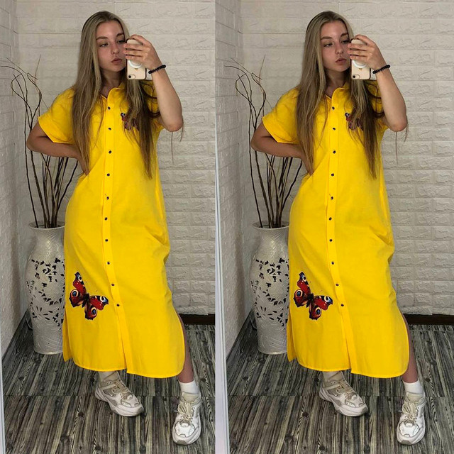 Женское красивое платье-рубашка на пуговицах с принтом Бабочки