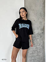 Молодіжний жіночий котоновий костюм, футболка з принтом вільного крою та шорти на гумці з 42 по 48 розмір, фото 7