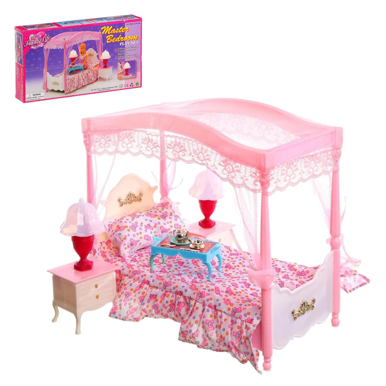 Меблі для ляльок Барбі Глорія Спальня ліжко з балдахіном тумби та світильники (2314)