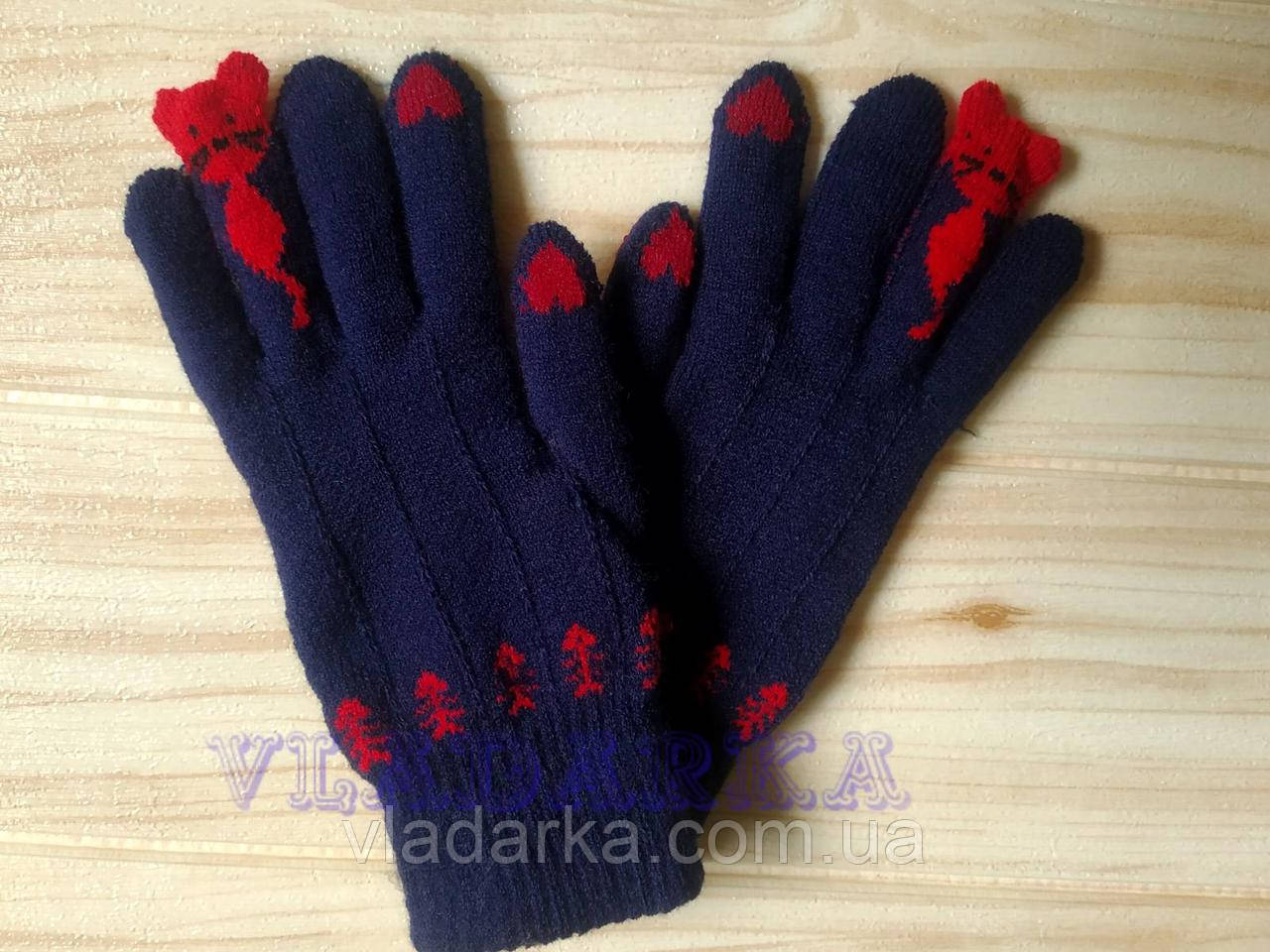 Теплые детские сенсорные зимние перчатки Кот, цвет синій
