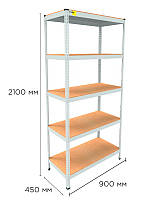 Стелаж металевий поличковий MRL-2100 (900x450) Білий розбірно збірний з 5 дерев'яними полицями на балкон для будинку офісу або
