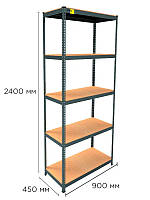 Стелаж металевий поличковий MRL-2400 (900x450) Чорний розбірно збірний з 5 дерев'яними полицями на балкон для будинку офісу або