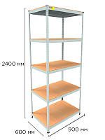 Стелаж металевий поличковий MRL-2400 (900x600) Білий розбірно збірний з 5 дерев'яними полицями на балкон для будинку офісу або