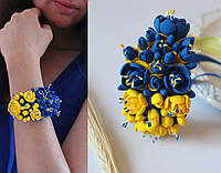 "Жёлто-синий жасмин" браслет на руку в украинском стиле с цветами из полимерной глины
