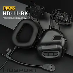 Активні тактичні навушники шумоподавлюючі Чорні Wosport 5.0 з адаптером для шолома Fast та мікрофоном