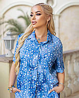 Женская легкая летняя блузка рубашка короткий рукав с принтом размер 50 - 60 разные цвета джинс меланж
