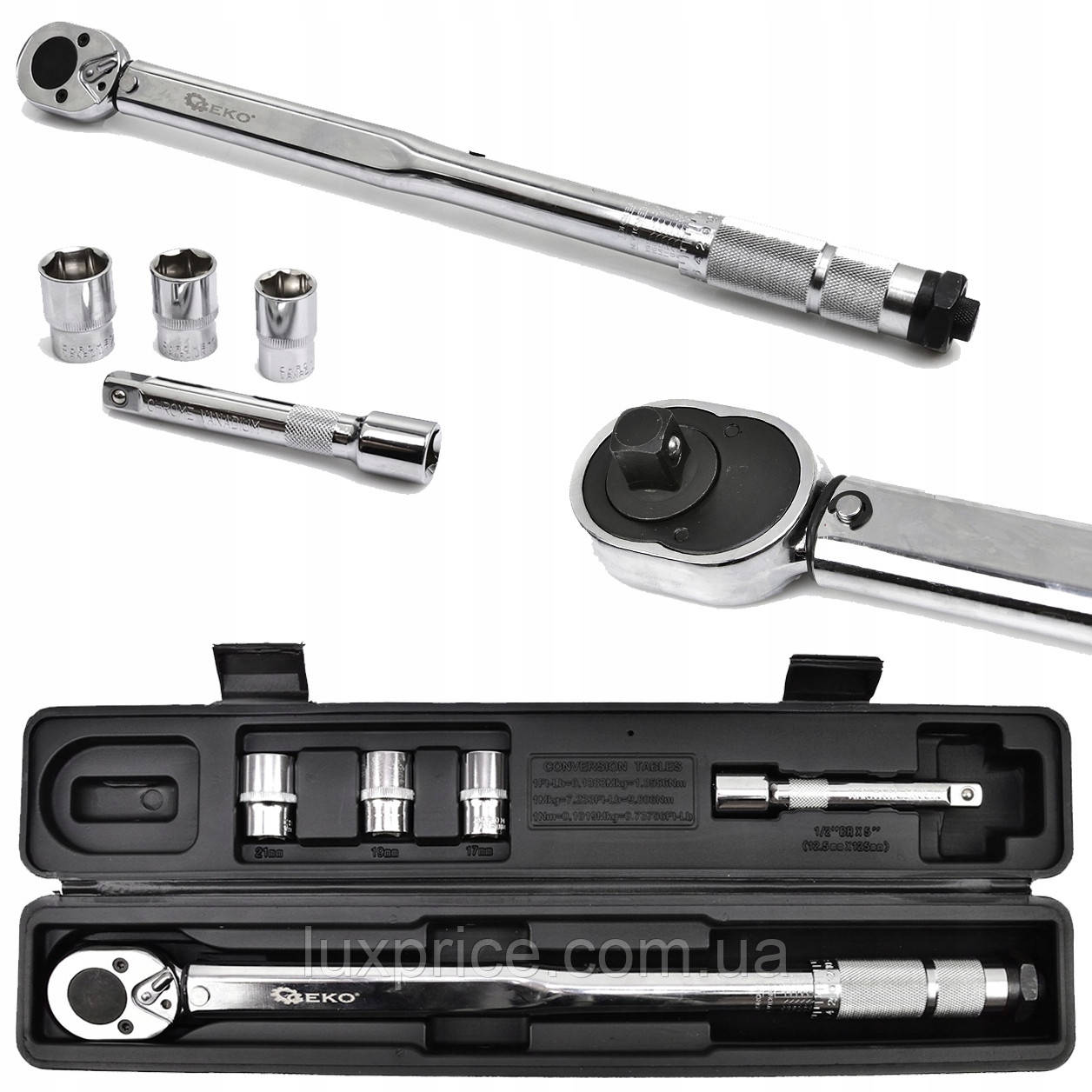 Динамометричний ключ 1/2" 28-210Nm + головки та подовжувач GEKO G10064    Luxprice, фото 1