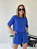 Костюм женский повседневный шорты и футболка синего/электрик цвета рубчик размер 42-44, 46-48