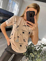 Женские футболки - 0128-мас - Стильная женская повседневная молодежная футболка с бусинами и принтом