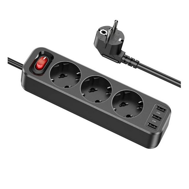 Мережевий подовжувач 1.8 метра 3 розетки + 3USB HOCO NS2 Black, фото 1