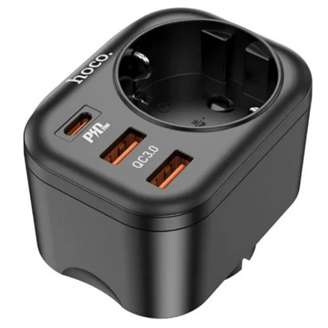 Мережевий адаптер 1 розетка + 2USB + Type-C + QC HOCO NS3 Black, фото 1