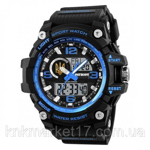 Тактичний багатофункціональний годинник Patriot 012BUBKUAGD Тризуб золото Чорні з синім + Коробка, фото 1